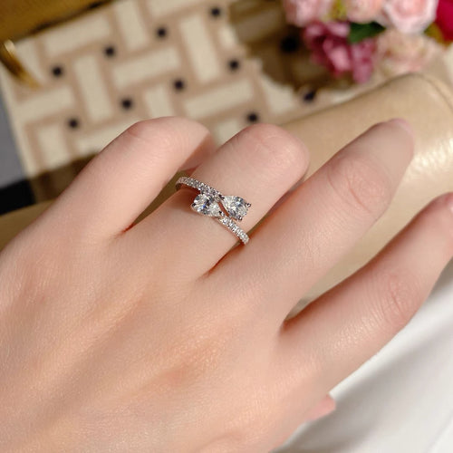 AG925 Sterling Silver Cubic Zirconia Double Teardrop Mismatched Ring