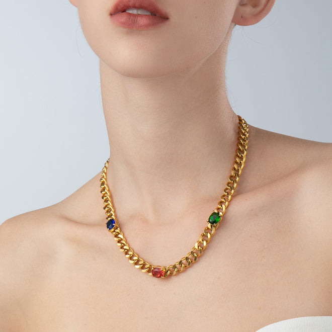 Gold Chain with Triple Color Stones