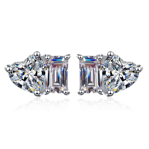 Moissanite Toi et Moi Heart and Princess Stud Earrings 2ct D-E Color 925 Sterling Silver White Gold Plated Stud Earring