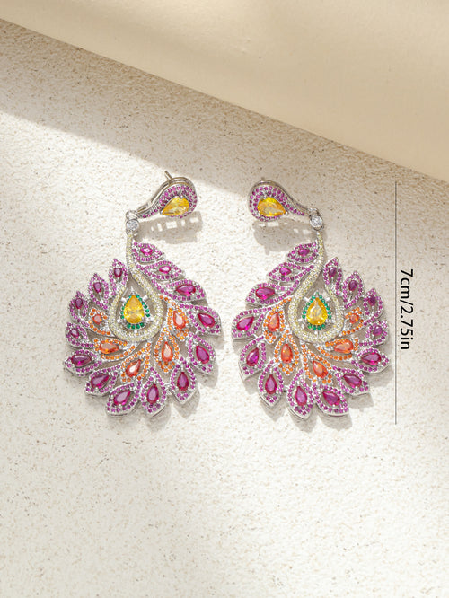Peacock Feather Style Rhinestone Dangle Earring (Pink)